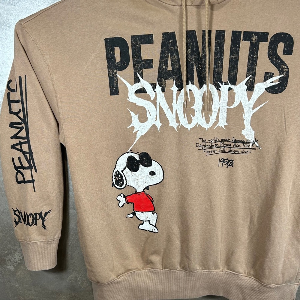 Peanuts Snoopy Joe Cool Graphic Hoodie Tan Heavy Metal Font Mens Large L
